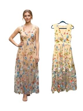 Glamorous Beige Embroidered Floral Maxi Dress Sz S Mesh Overlay Evening Gown